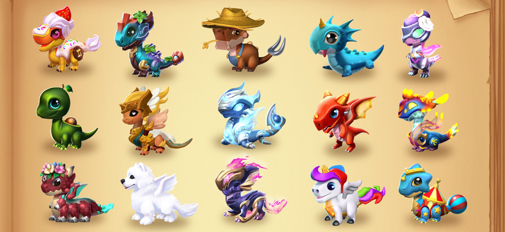 Dragon Mania Legends - Une présentation de quinze bébés dragons uniques, aux thèmes variés et aux designs colorés, issus de Dragon Mania Legends.