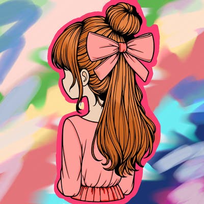 realistic girl  with hip length hair a bun and a big bow on the back of head