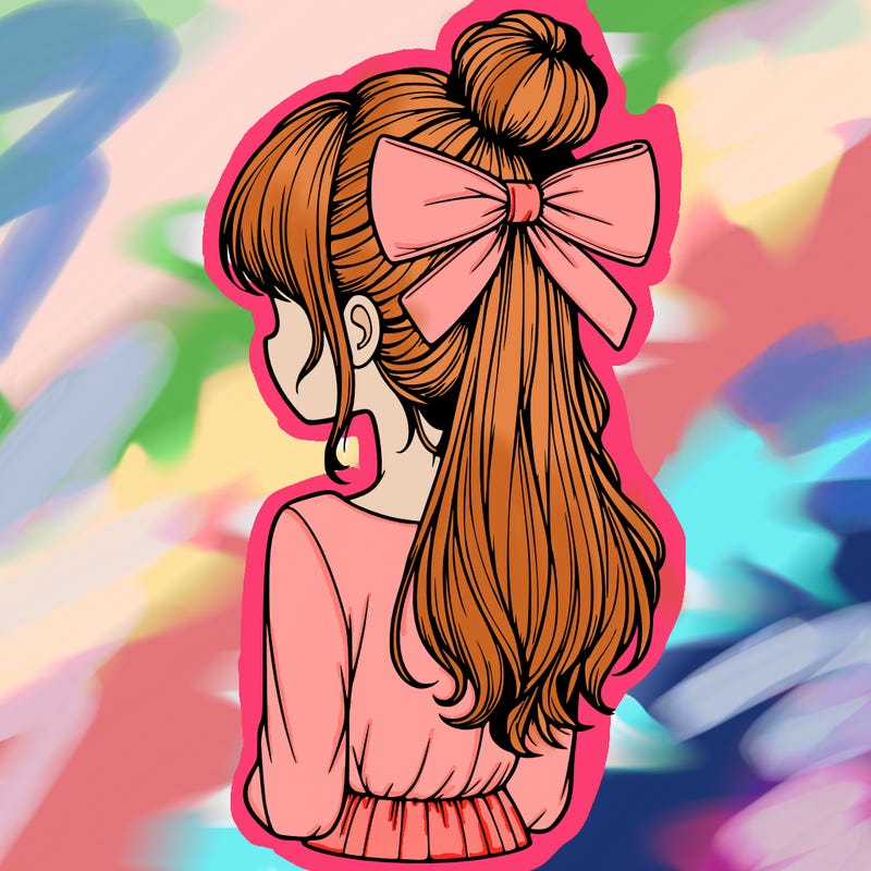 realistic girl  with hip length hair a bun and a big bow on the back of head