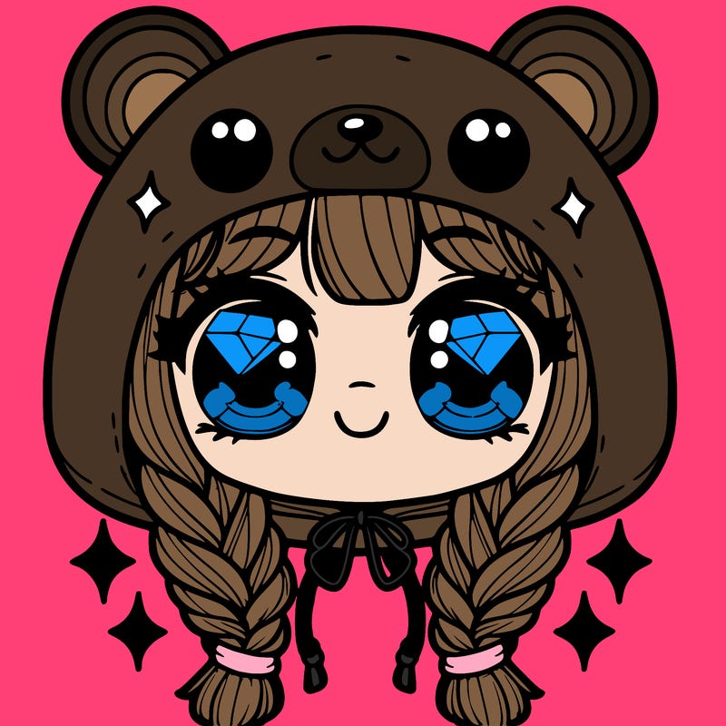 acute girl with big eyes that has a diamond in it and wearing a bear hoodie with two braided hair