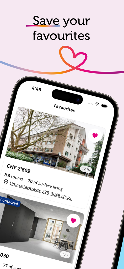 Homegate app screen displaying a list of saved favorite Swiss property listings.