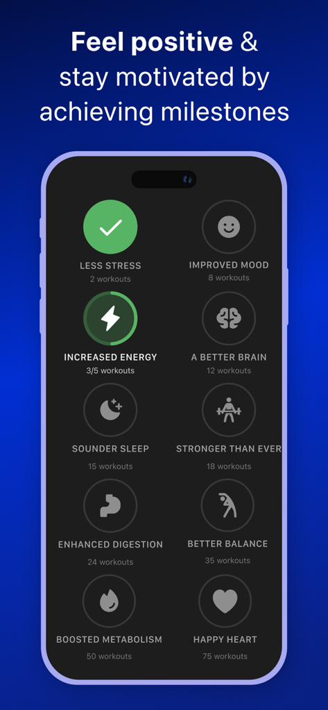 Muscle Booster app screen showing health and fitness milestones like less stress and increased energy with progress trackers.