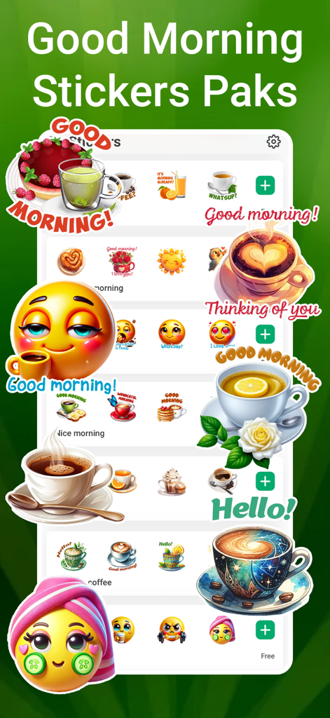 MyStickers - Stickers & Emoji - A variety of good morning stickers for WhatsApp featuring coffee cups, breakfast themes, and expressive emojis.