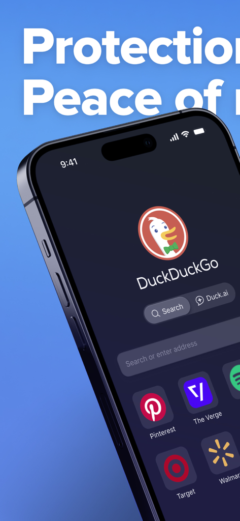 아이폰에서 DuckDuckGo 모바일 브라우저 인터페이스가 사이트 바로가기와 함께 개인 검색 및 AI 옵션을 표시하고 있습니다.