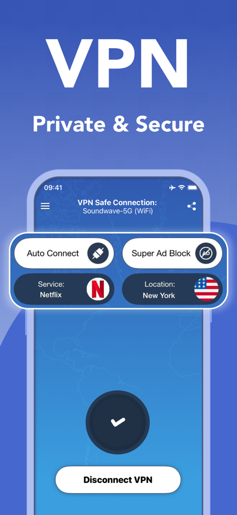 Onion Browser - Unlimited VPN - Interface do aplicativo Navegador Onion exibindo uma conexão VPN segura com bloqueio de anúncios e local do servidor definido como Nova York.