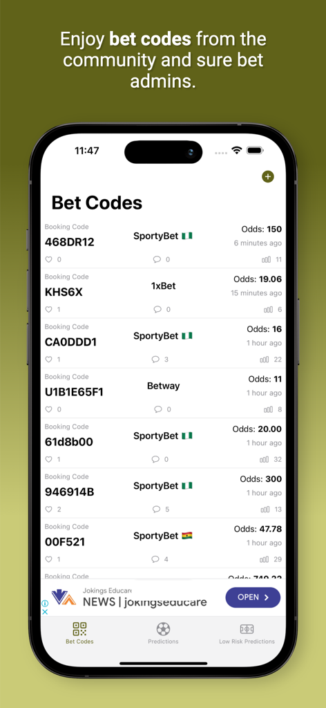 Sure Bet Codes - Sure Bet Codes app interface showing a list of community booking codes and betting odds