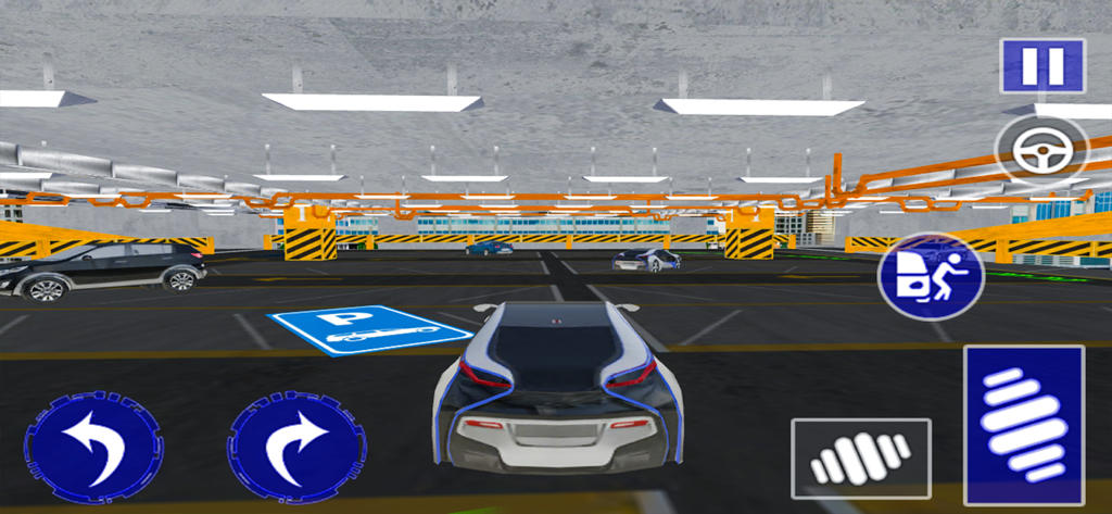 Uma cena de jogo de simulação de carro de polícia 3D em uma garagem de estacionamento de vários andares com controles de jogo móvel