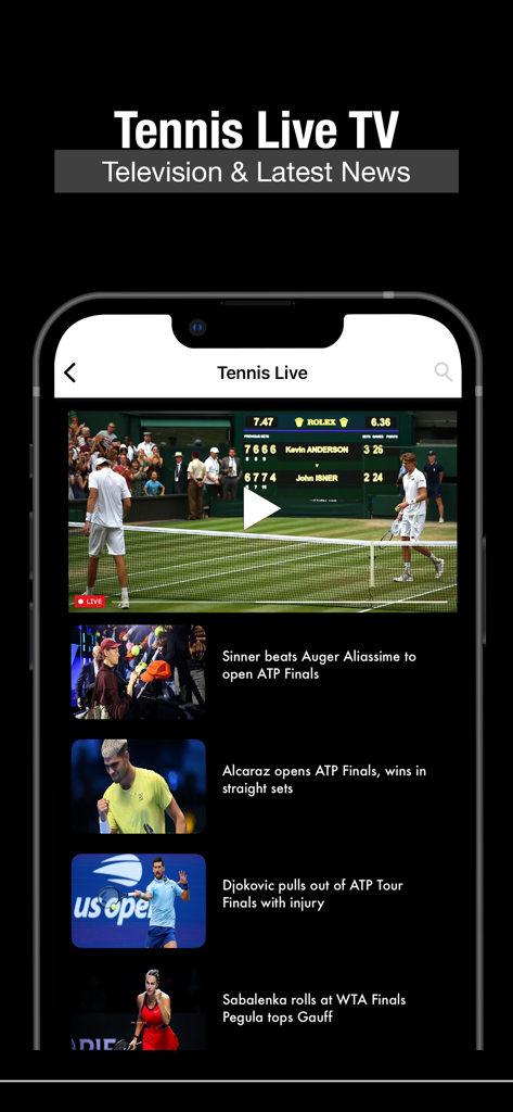 Tennis Live TV Streaming - 테니스 라이브 TV 앱 인터페이스에서 라이브 경기 스트림과 현재 토너먼트 뉴스 헤드라인을 보여줍니다.