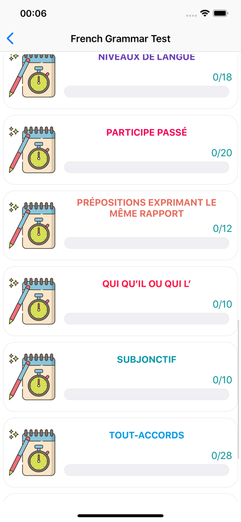 French Grammar Test - A list of French grammar topics including past participle and subjunctive with progress tracking bars.
