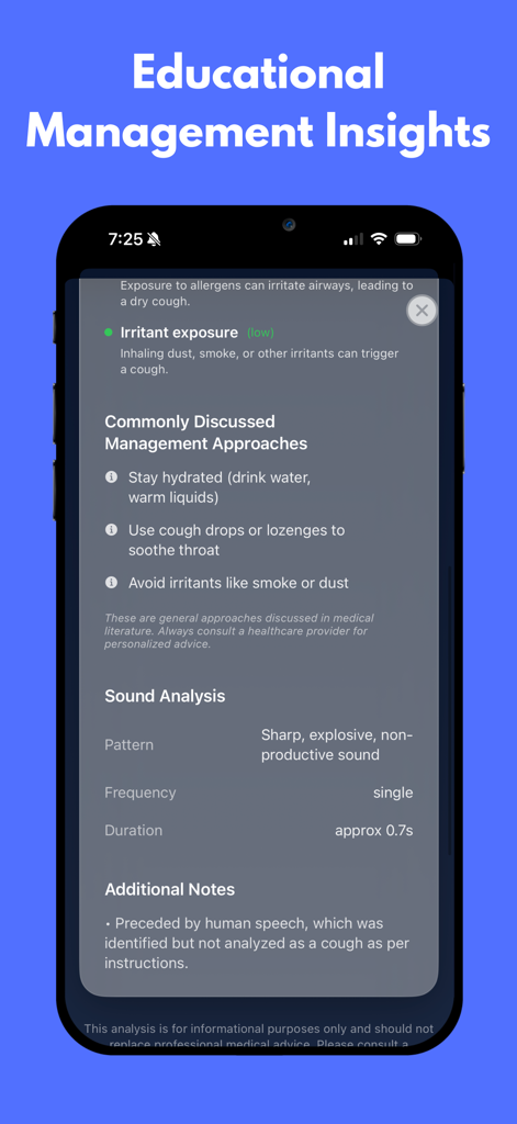 AI Cough Checker - AI Cough Checker app screen showing educational management insights and detailed cough sound analysis results.