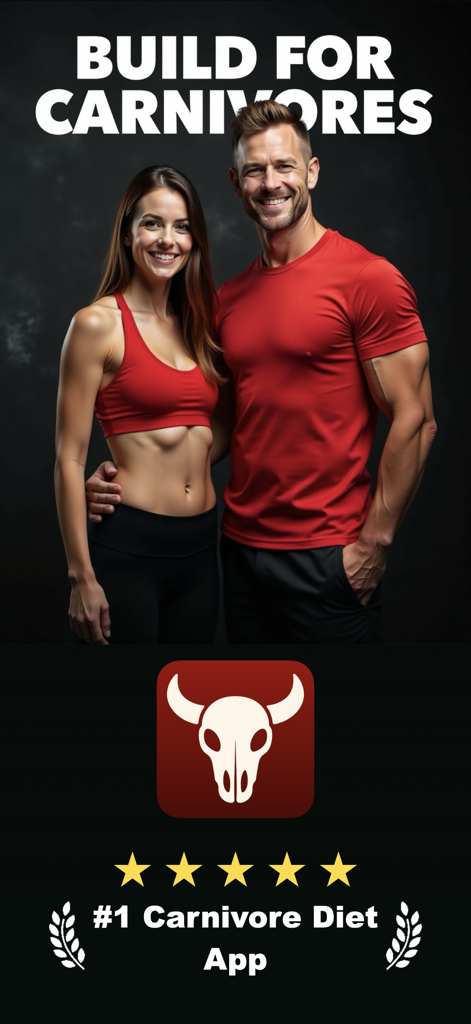 Carnivore Diet App Tracker Max - 소 해골 아이콘과 함께 최고의 카니보어 다이어트 앱 트래커 맥스를 홍보하는 건강한 커플