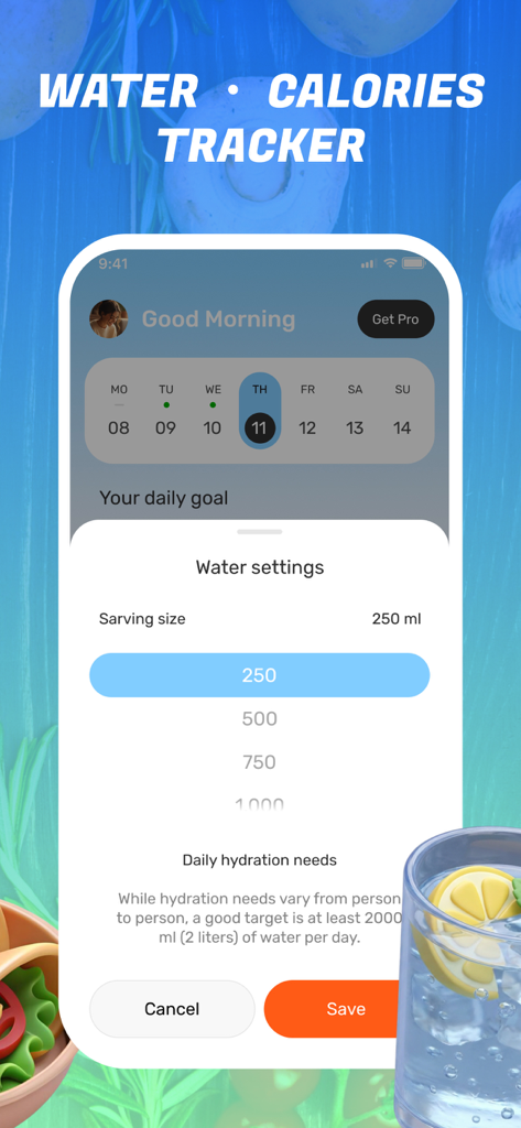 Calorie AI・Loss Weight Tracker - Interface of the Calorie AI app showing water intake settings and daily hydration goals
