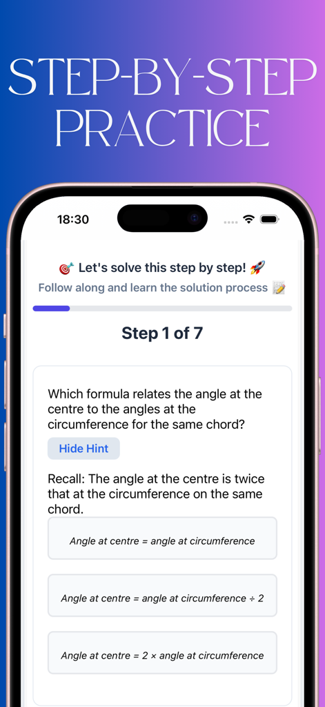 Mathematics Practice App - Una pantalla de móvil que muestra una pregunta de práctica de geometría paso a paso sobre ángulos de un círculo en la aplicación de matemáticas Dimpo.
