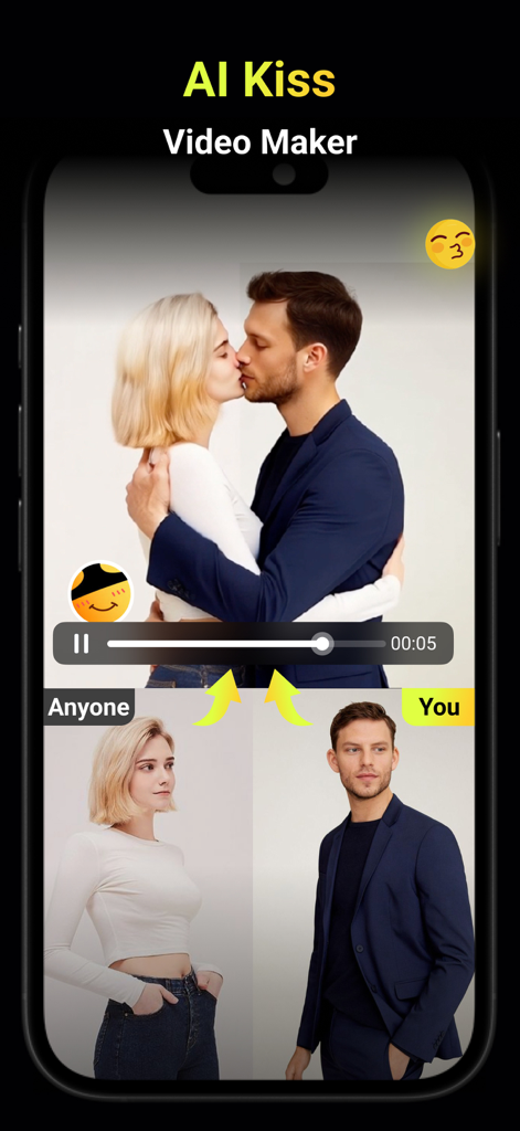 AI Kiss & Hug Video: Quirks AI - A smartphone displaying the AI Kiss feature that transforms two separate portrait photos into a romantic video animation.