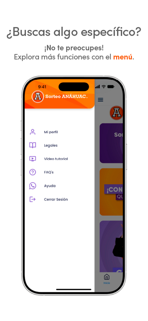 Navigationsmenü der Sorteo Anahuac 2.0 App mit Profil- und Hilfeoptionen
