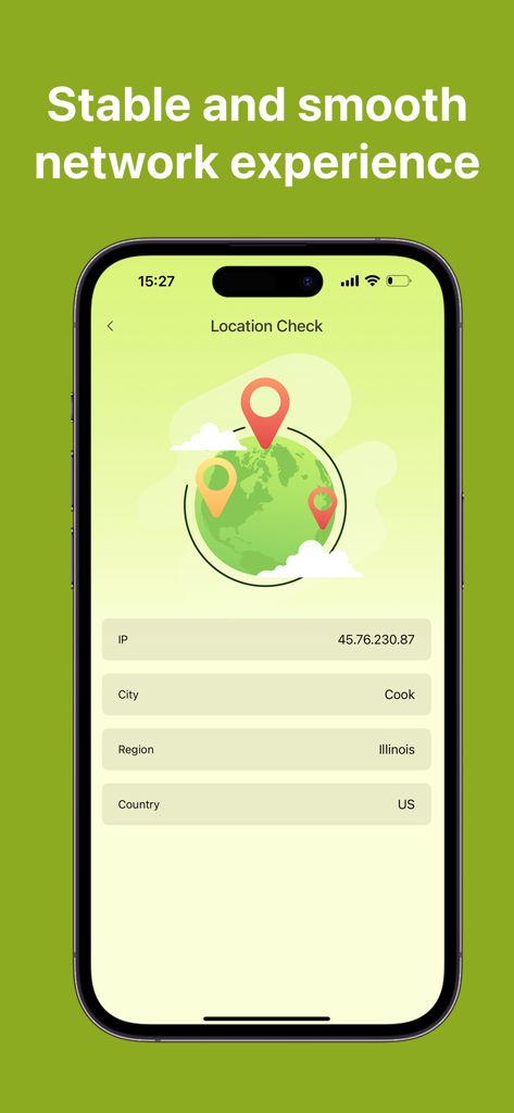 Kiwi VPN: Net Security - Écran de vérification de localisation de Kiwi VPN montrant l'adresse IP et les détails de localisation aux États-Unis pour une expérience réseau sécurisée