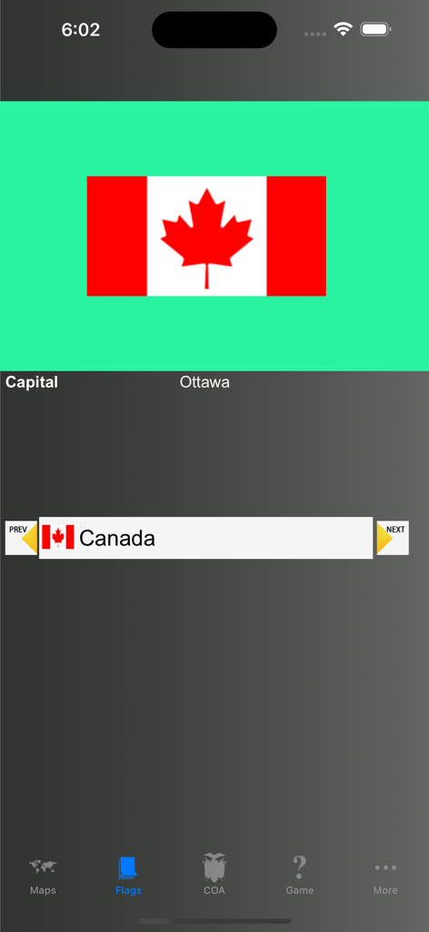 Country Flags, Maps, Capitals - A screenshot of the geography app showing the flag of Canada and its capital city Ottawa