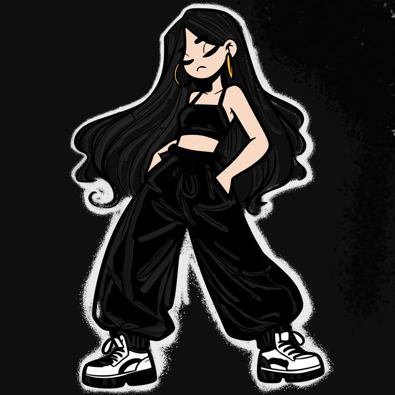 girl in baggy pants crop top and long hair