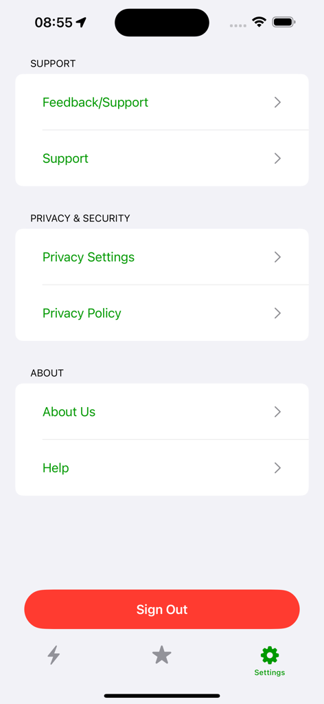 ChargeEV - Menú de configuración de la aplicación ChargeEV que muestra las secciones de soporte, privacidad y acerca de con un botón de cierre de sesión