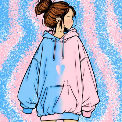 realistic girl with a oversized sweatshirt on and a bun