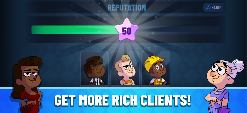 A gameplay screenshot of Idle Bank Tycoon showing a reputation progress bar reaching level fifty to attract wealthy clients.