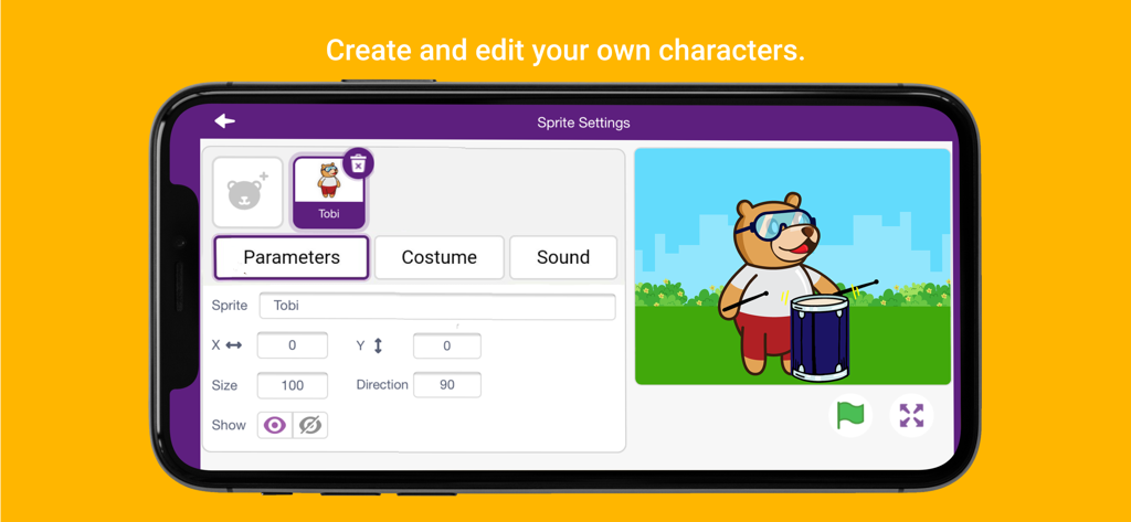 Una interfaz móvil para PictoBlox que muestra la pantalla de configuración de sprites donde los usuarios pueden editar un personaje de oso de dibujos animados tocando un tambor.