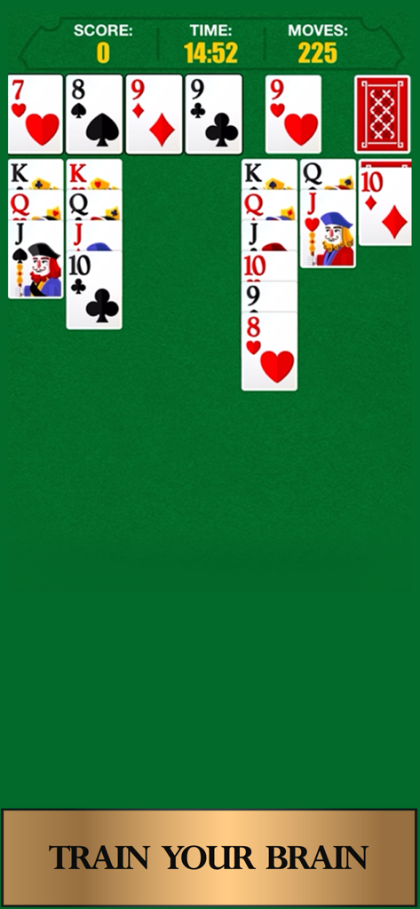 Un écran de jeu de cartes de solitaire classique sur fond vert avec une bannière indiquant "Entraînez votre cerveau".