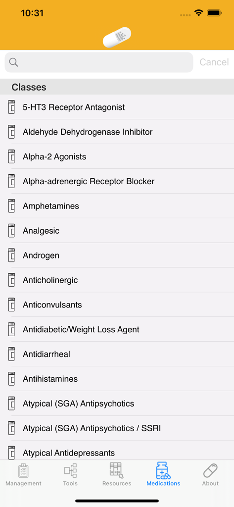 List of medication classes in the Waco Guide app