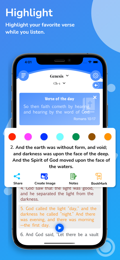 Interface of the Amplified Bible app showing how to highlight a verse with different color choices