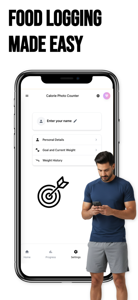 Calorie Photo Counter - Smartphone displaying the profile and weight goals settings screen of the Calorie Now app.