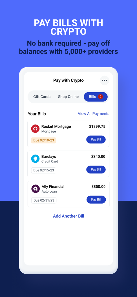 Interfaz de la aplicación BitPay que muestra opciones para pagar hipotecas y facturas de tarjetas de crédito con criptomonedas