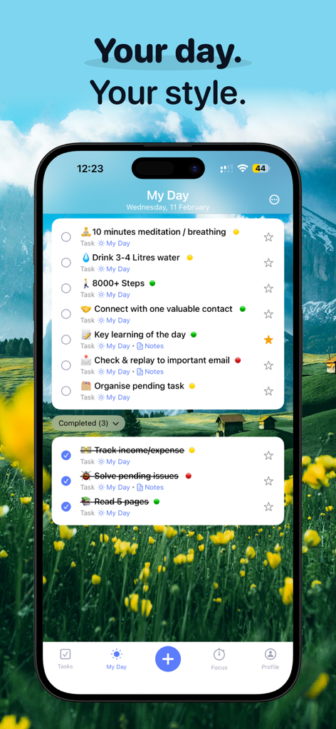 To Do List & Tasks Calendar - Daily task list interface of the To Do List app with a scenic nature background.
