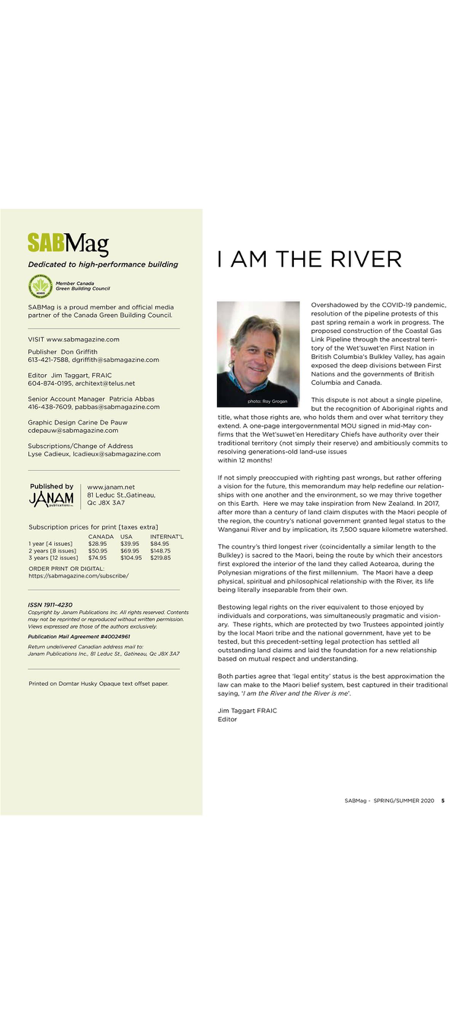 Sustainable Architecture. - Editorial page from SABMag Sustainable Architecture magazine featuring an article titled I Am The River.