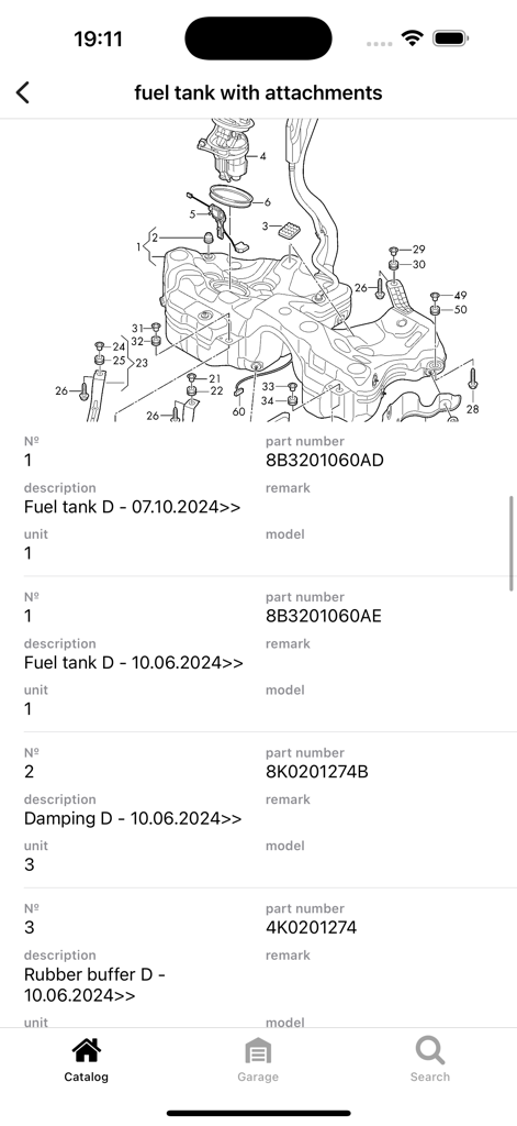 Technical exploded diagram and part numbers for an Audi fuel tank system
