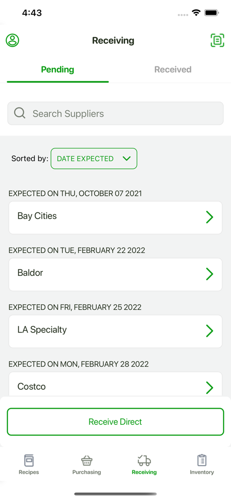 ParsleyApp - Professional kitchen receiving dashboard showing pending supplier deliveries sorted by date