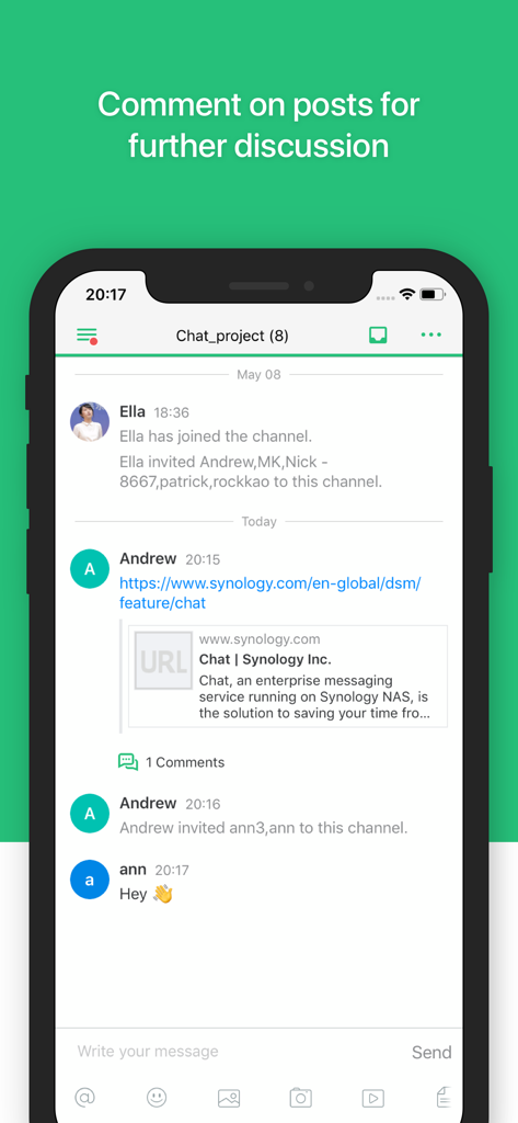 Synology Chat - A screenshot of the Synology Chat mobile application displaying a project channel with comments on messages.