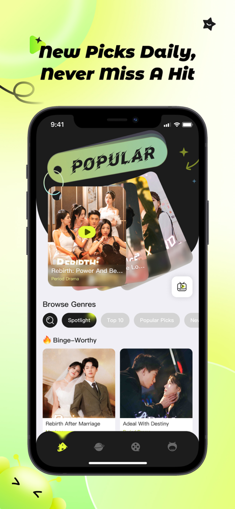 BeeReel – Quick Drama - BeeReel mobile app home screen displaying daily drama picks and popular short-form series categories.
