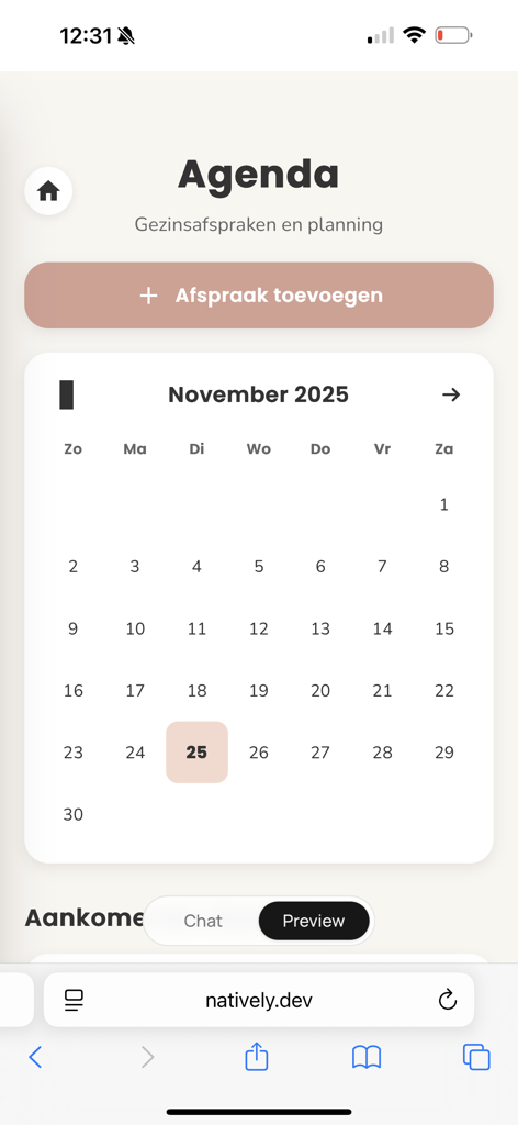 Flow Fam - Una vista de calendario y agenda familiar compartida dentro de la aplicación Flow Fam que muestra los horarios de noviembre de 2025