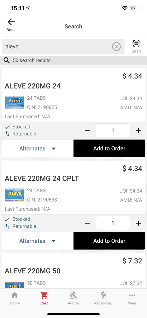 A screen showing pharmacy search results for Aleve in the Order Express app including pricing and order options.