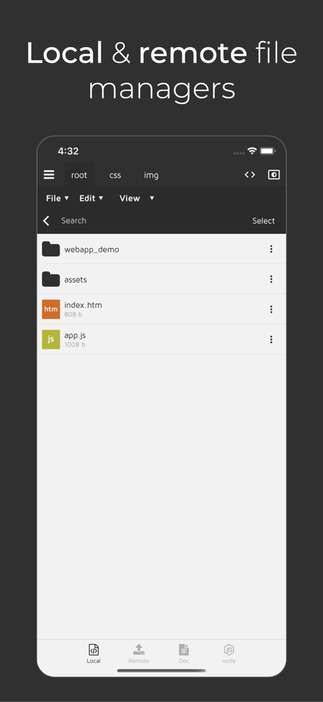 Interfaz de la aplicación Node.js Lab mostrando el gestor de archivos local y remoto con carpetas y archivos de código