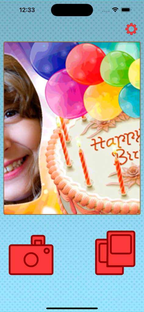 Happy birthday photos frames - Captura de pantalla de una aplicación móvil que muestra un marco de fotos de cumpleaños con globos coloridos, un pastel e iconos rojos para la selección de cámara y fotos