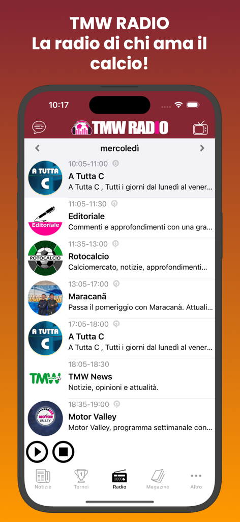 Voce Giallorossa app interface showing the TMW Radio daily program list with soccer news and analysis
