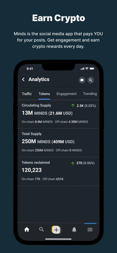 Minds.com - Minds mobile app interface showing the analytics screen with crypto token supply and rewards information