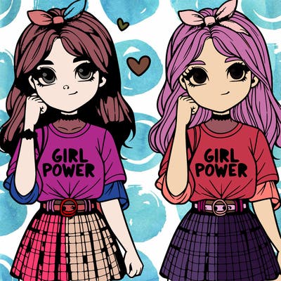 teen detailed girl wearing a skirt and a shirt that says girl power