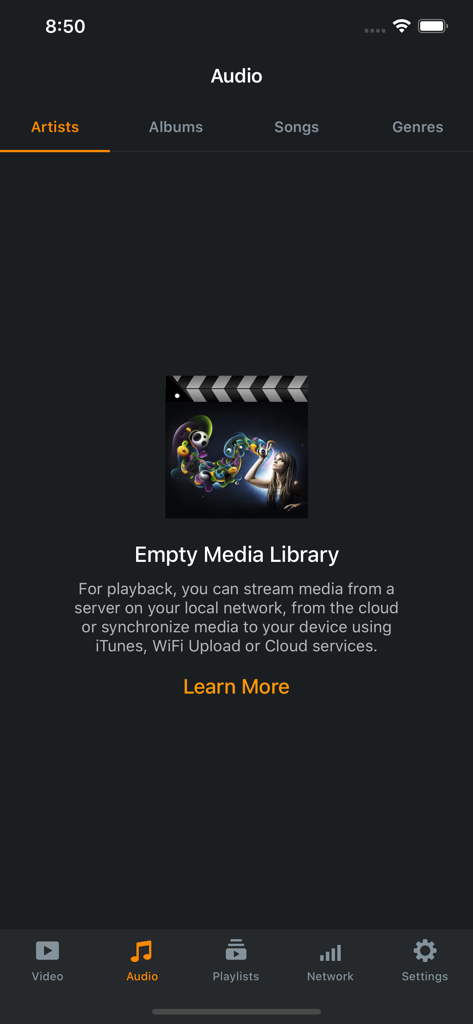 Azul - Video Player for iPhone - The audio library screen in the Azul app showing an empty media library with options to sync or stream content