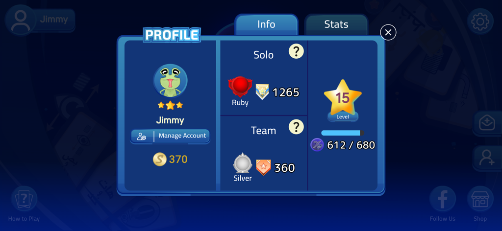 Skru - User profile dashboard in the Skru card game app showing level 15 progress and solo ruby rank