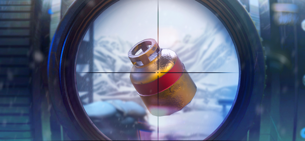 Cover Fire: Gun Shooting games - Vista de la mira de un francotirador enfocando un tanque de gas en un campo de batalla nevado