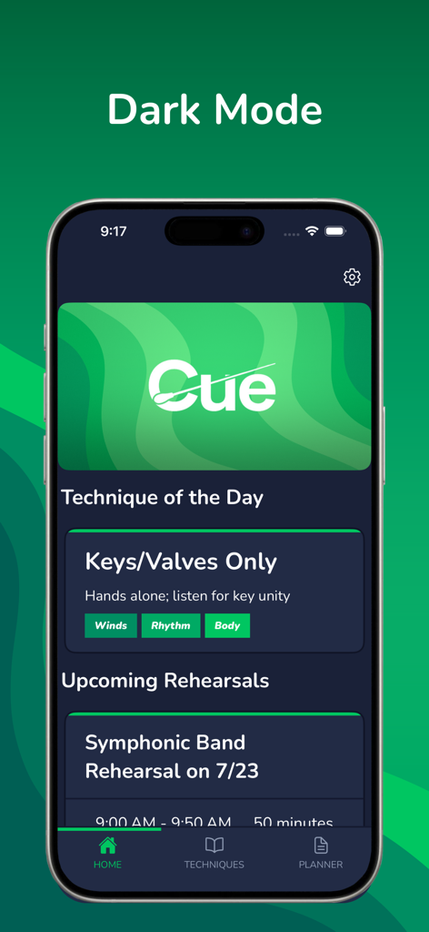 Home screen of the Cue Rehearsal Techniques app in dark mode showing the technique of the day and upcoming rehearsal schedule.