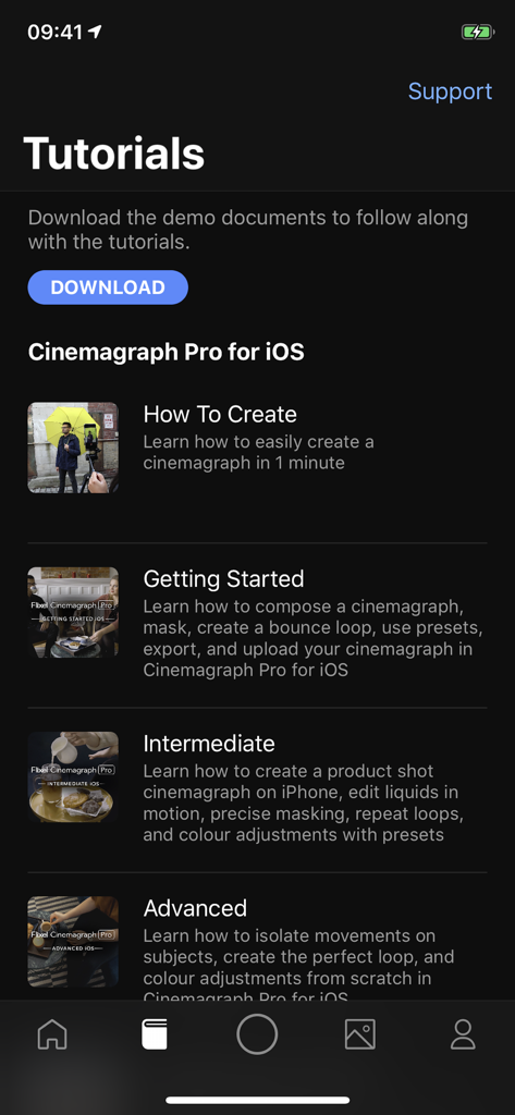 Cinemagraph Pro - Schermata tutorial dell'app Cinemagraph Pro che mostra lezioni di editing video da principiante ad avanzato.