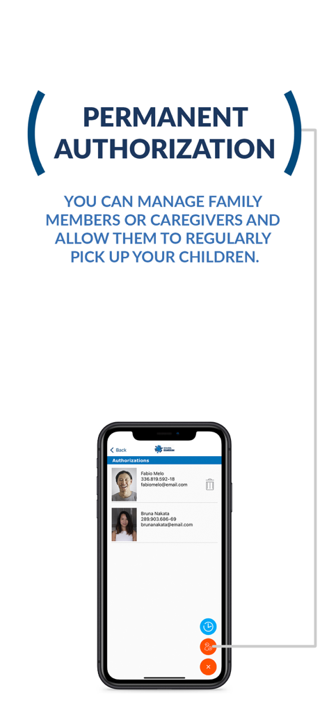 School Guardian - Interface of the School Guardian app showing the permanent authorization feature to manage child pickup by family members.